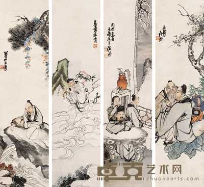 汪谦 1896年作 养生图 四屏 177.5×47cm×4